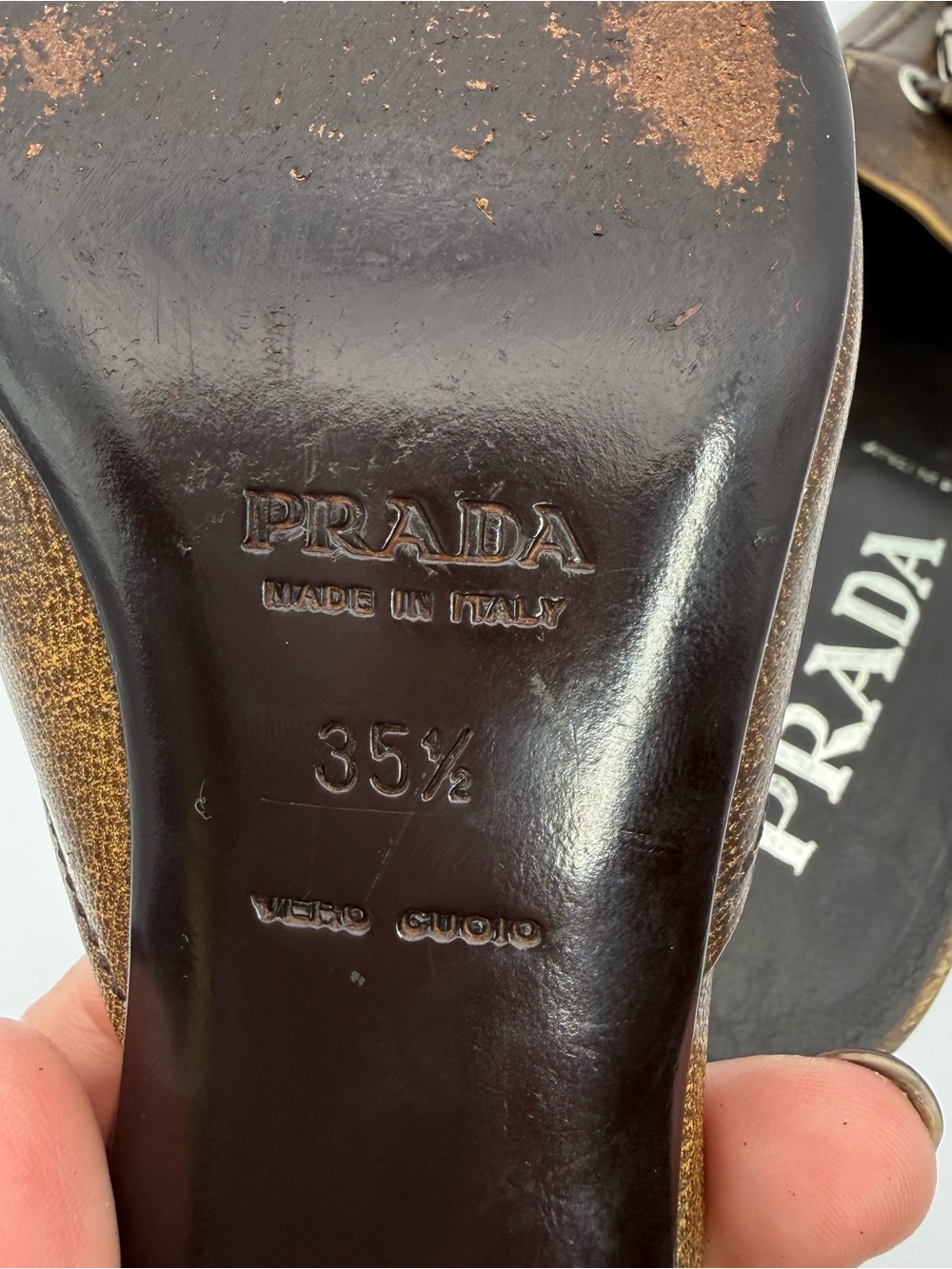 Vintage Prada Bronze Brown Leather Kitten Heel Mule Slides Sz 35.5 Made in Italy - Picture 11 of 17